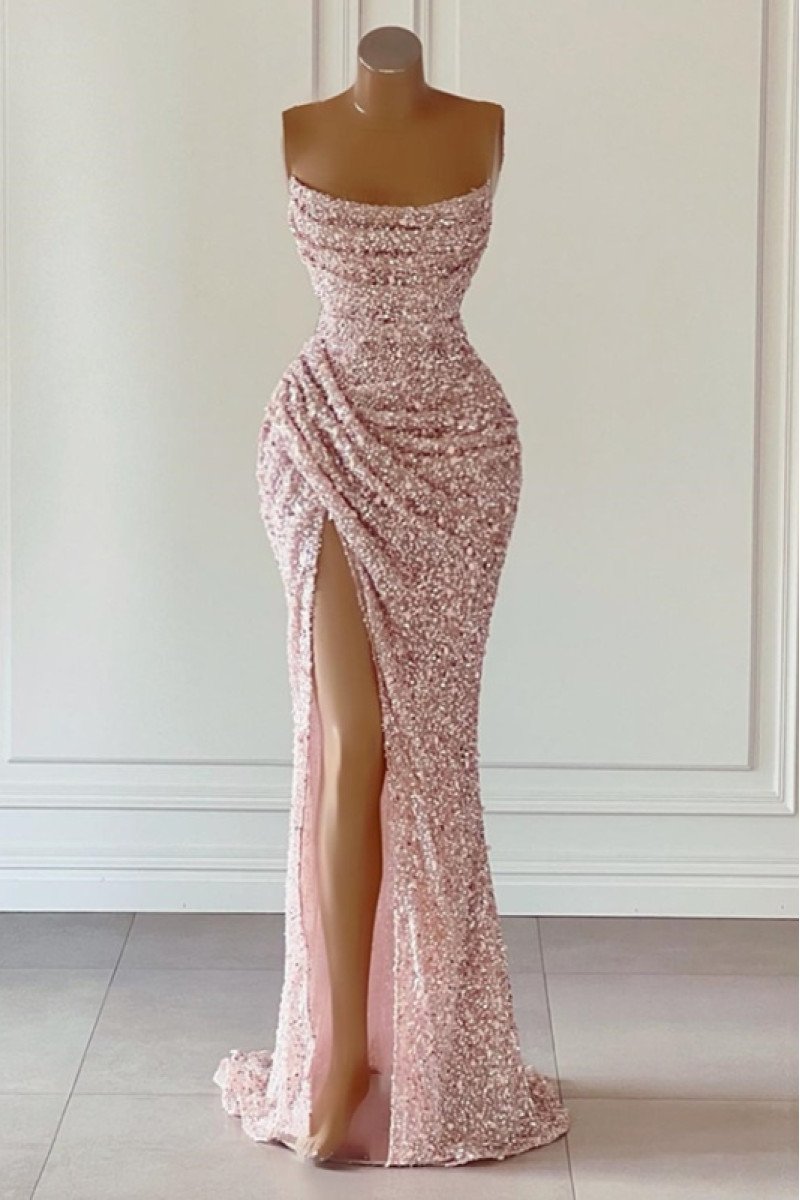 Deborah Sparkle Pink Sequins Spaghetti Straps Side Slit Sheath Prom Dresses