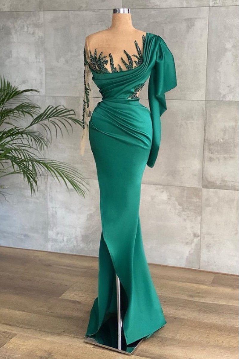 Dinah Chic Turquoise Square Long Sleeves Side Slit Beading Sheath Prom Dresses