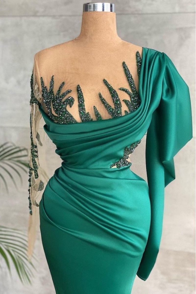 Dinah Chic Turquoise Square Long Sleeves Side Slit Beading Sheath Prom Dresses