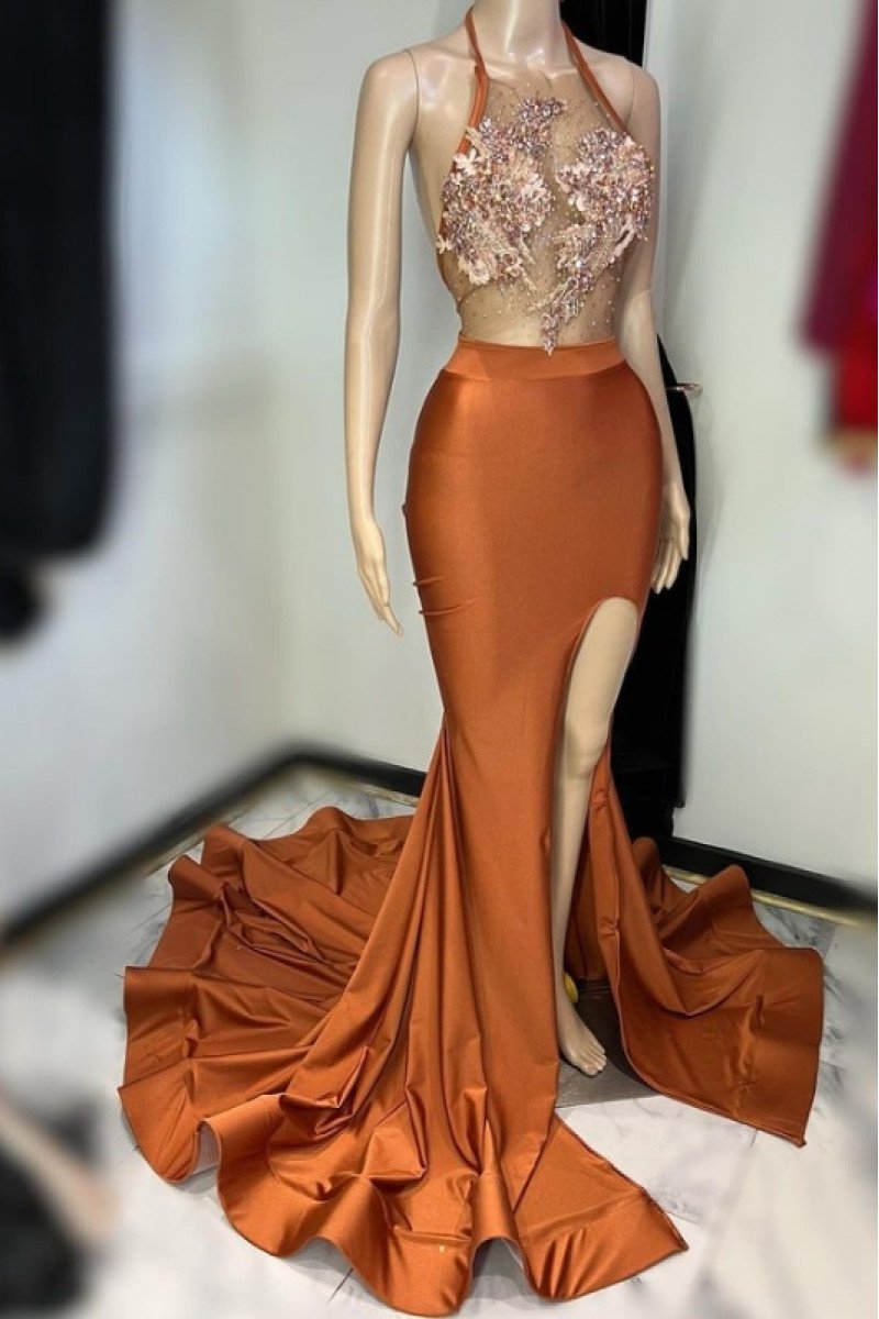 Dolores Sexy Brown Halter Backless Side Slit Sheath Prom Dresses With Appliques