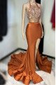 Dolores Sexy Brown Halter Backless Side Slit Sheath Prom Dresses With Appliques