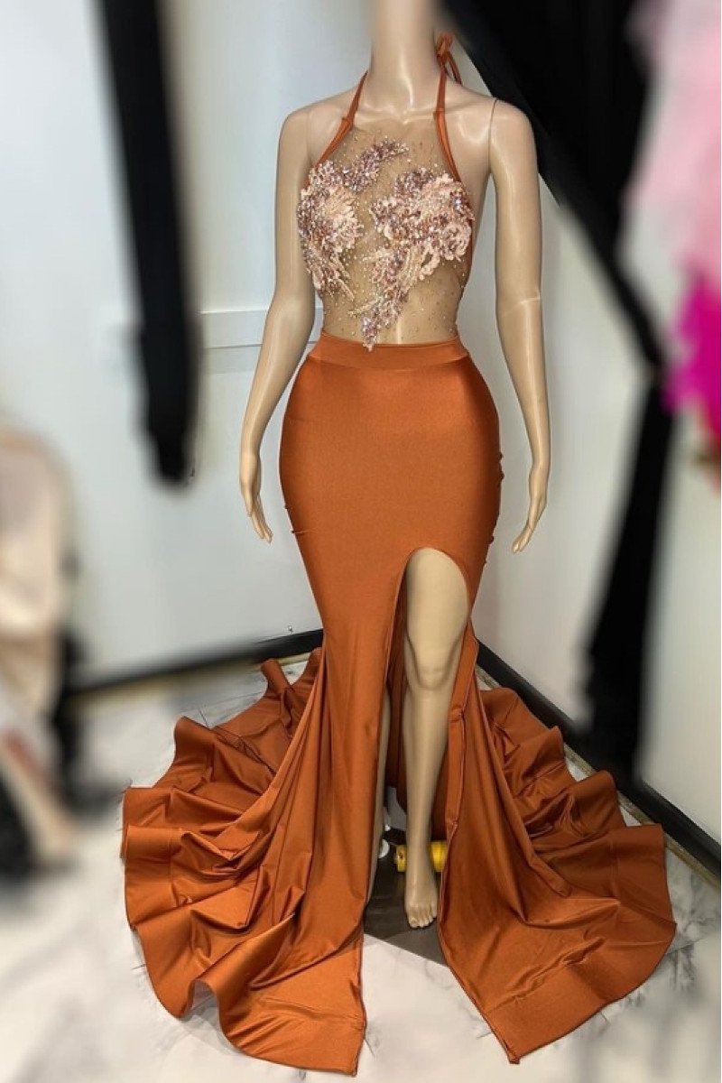 Dolores Sexy Brown Halter Backless Side Slit Sheath Prom Dresses With Appliques