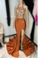 Dolores Sexy Brown Halter Backless Side Slit Sheath Prom Dresses With Appliques