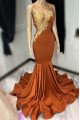 Dominic Gentle Brown Sheer Straps Appliques Mermaid Prom Dresses