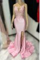 Donna Lovely Candy Pink Sheer Straps Side Slit Appliques Sheath Prom Dresses