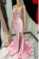 Donna Lovely Candy Pink Sheer Straps Side Slit Appliques Sheath Prom Dresses