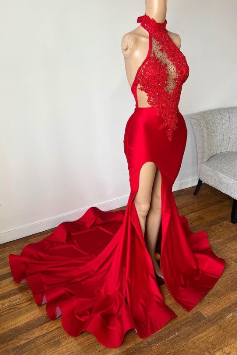 Dora Sexy Red Halter Side Slit Backless Sheath Prom Dresses With Appliques