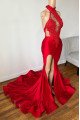 Dora Sexy Red Halter Side Slit Backless Sheath Prom Dresses With Appliques