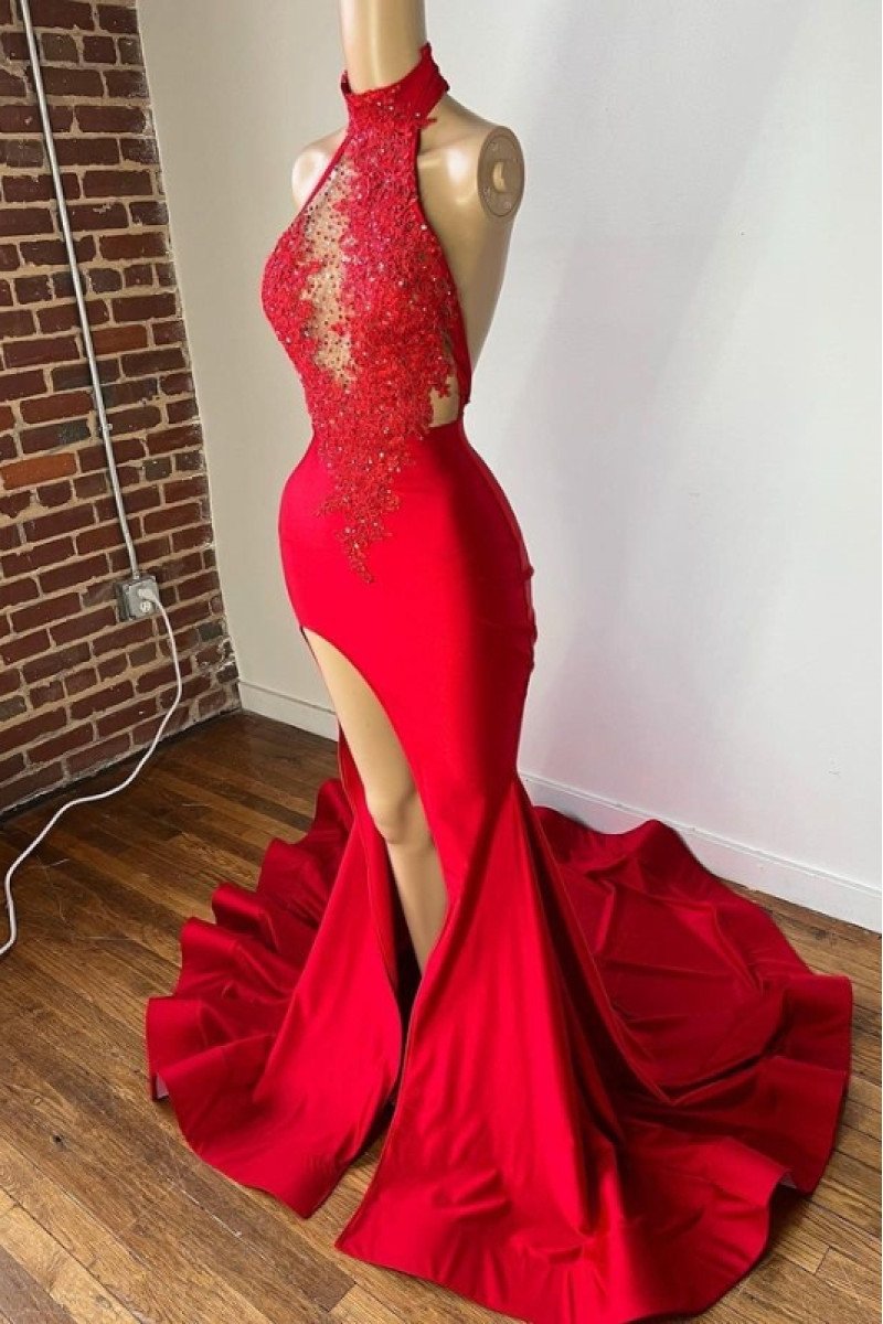 Dora Sexy Red Halter Side Slit Backless Sheath Prom Dresses With Appliques