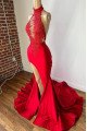 Dora Sexy Red Halter Side Slit Backless Sheath Prom Dresses With Appliques