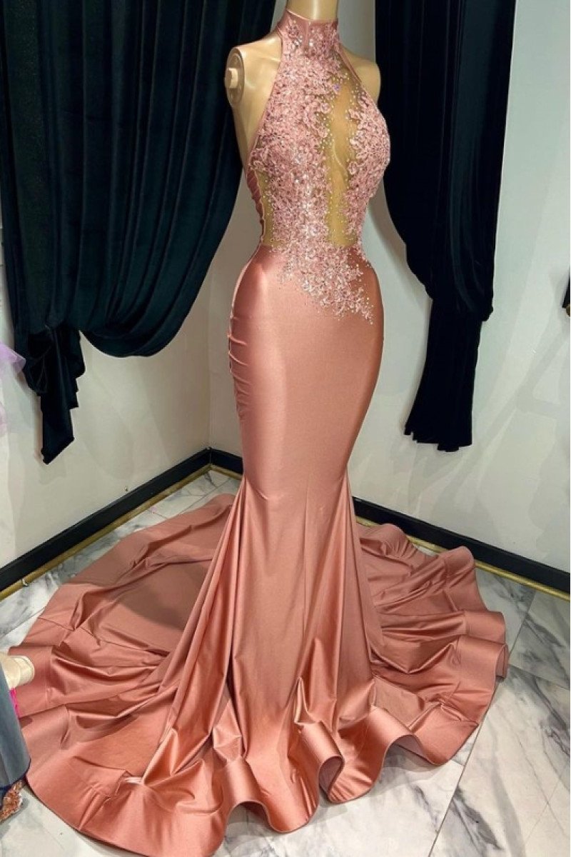 Doris Fancy Rose Gold High Neck Open Back Appliques Mermaid Prom Dresses