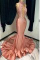 Doris Fancy Rose Gold High Neck Open Back Appliques Mermaid Prom Dresses