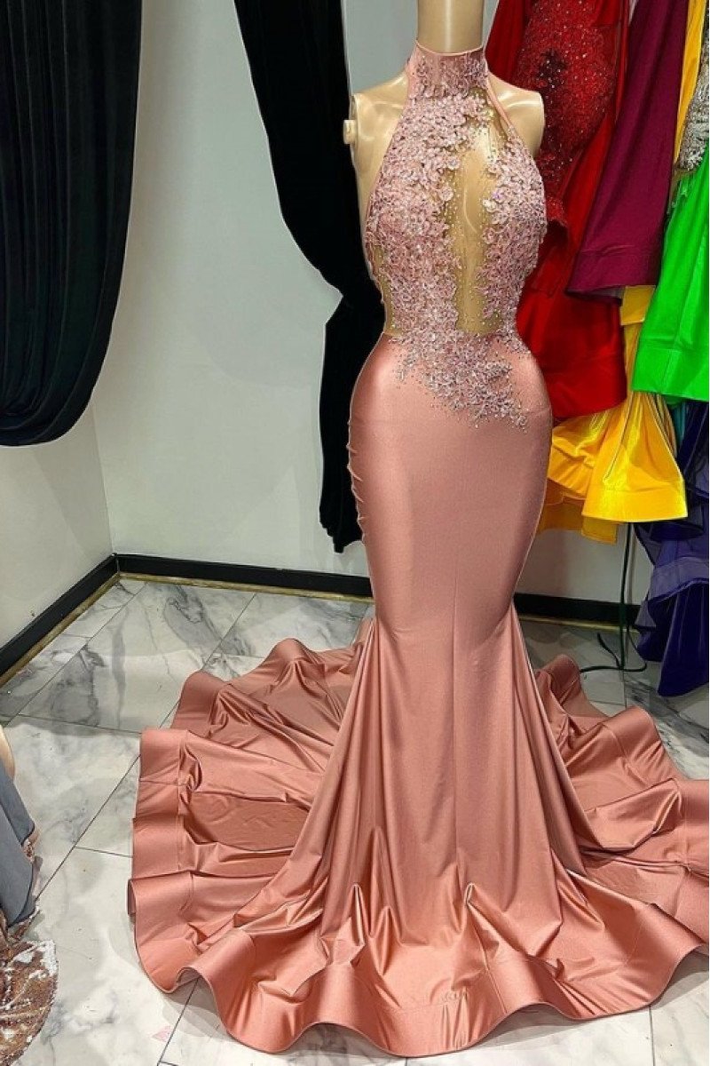 Doris Fancy Rose Gold High Neck Open Back Appliques Mermaid Prom Dresses