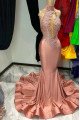 Doris Fancy Rose Gold High Neck Open Back Appliques Mermaid Prom Dresses