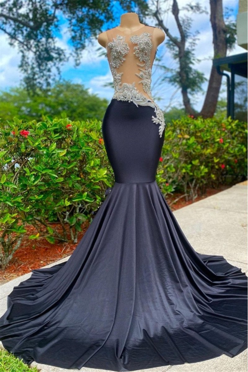 Duncan Sexy Black Sheer Straps Keyhole Mermaid Prom Dresses With Crystal