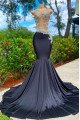 Duncan Sexy Black Sheer Straps Keyhole Mermaid Prom Dresses With Crystal