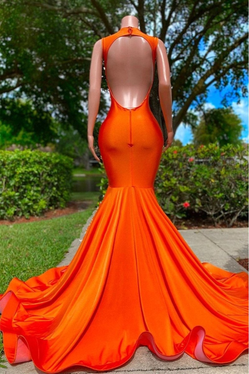 Edith Beautiful Orange V-Neck Backless Mermaid Prom Dresses With Crystal