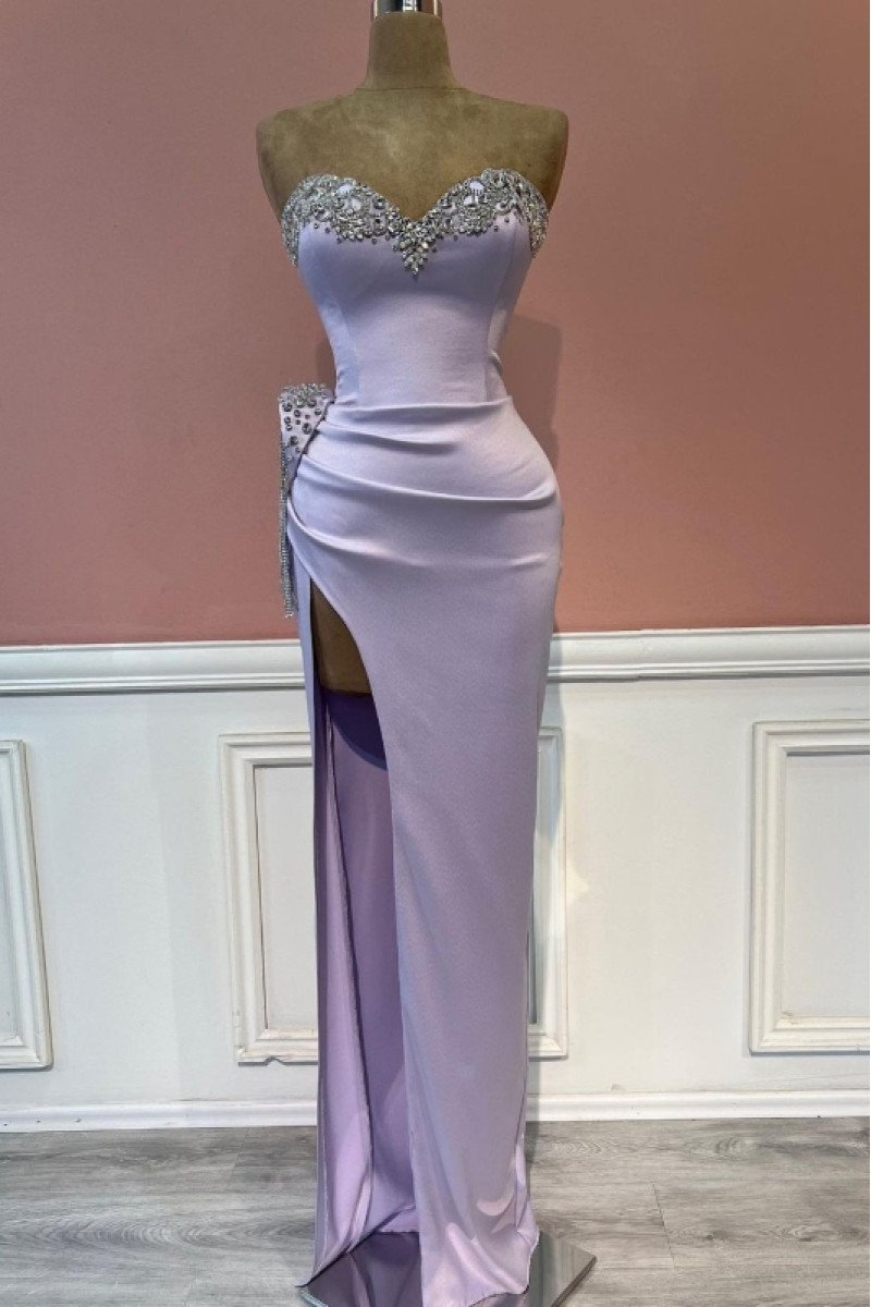 Edwina Mild Lavender Sweetheart Side Slit Sheath Prom Dresses With Crystal