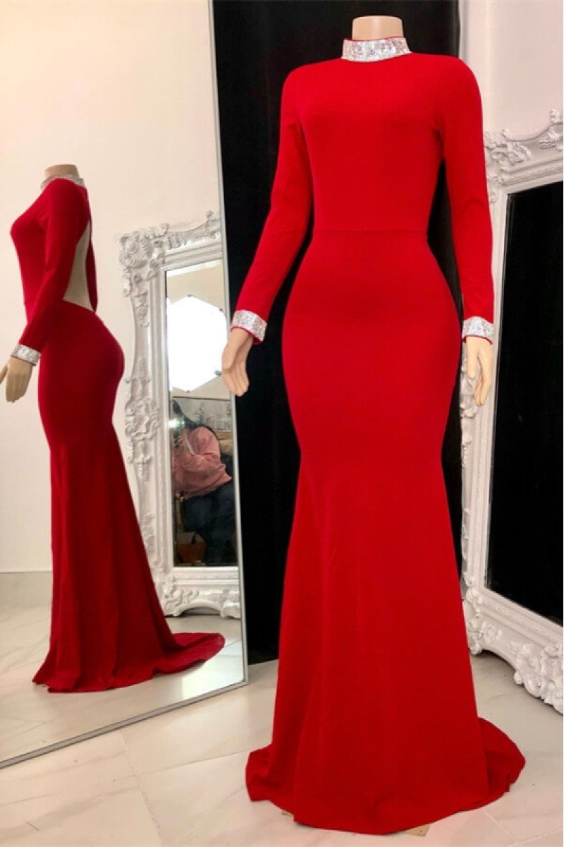 Eileen Generous Red High Neck Long Sleeves Backless Sheath Prom Dresses