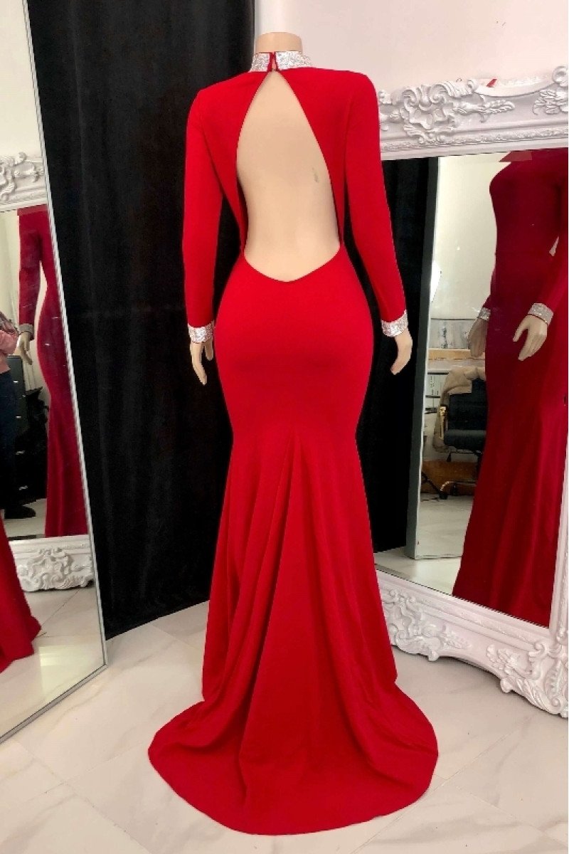 Eileen Generous Red High Neck Long Sleeves Backless Sheath Prom Dresses