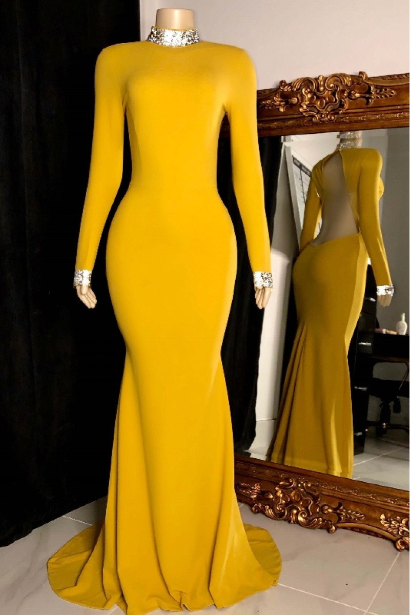 Elaine Fashion Yellow High Neck Long Sleeves Backless Sheath Prom Dresses