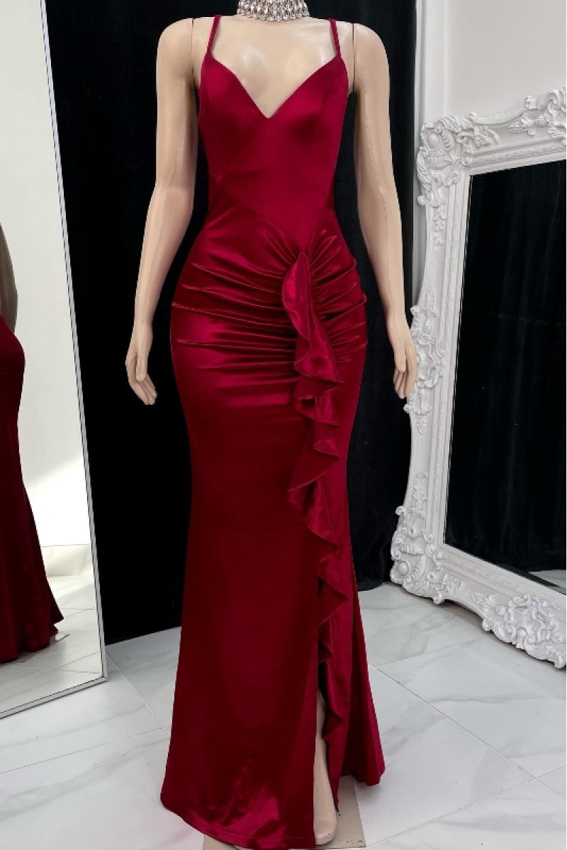 Elisa Elegant Burgundy Spaghetti Straps Open Back Side Slit Ruffles Sheath Prom Dresses