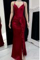 Elisa Elegant Burgundy Spaghetti Straps Open Back Side Slit Ruffles Sheath Prom Dresses