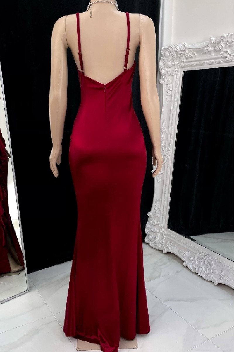 Elisa Elegant Burgundy Spaghetti Straps Open Back Side Slit Ruffles Sheath Prom Dresses