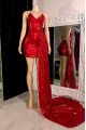 Elizabeth Sparkle Red Sequins Spaghetti Straps Open Back Short Prom Dresses