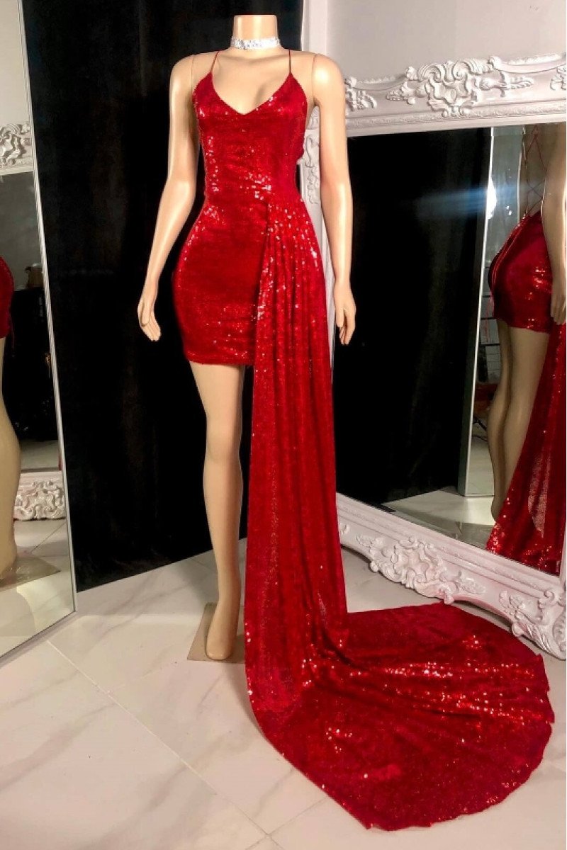 Elizabeth Sparkle Red Sequins Spaghetti Straps Open Back Short Prom Dresses