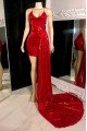 Elizabeth Sparkle Red Sequins Spaghetti Straps Open Back Short Prom Dresses