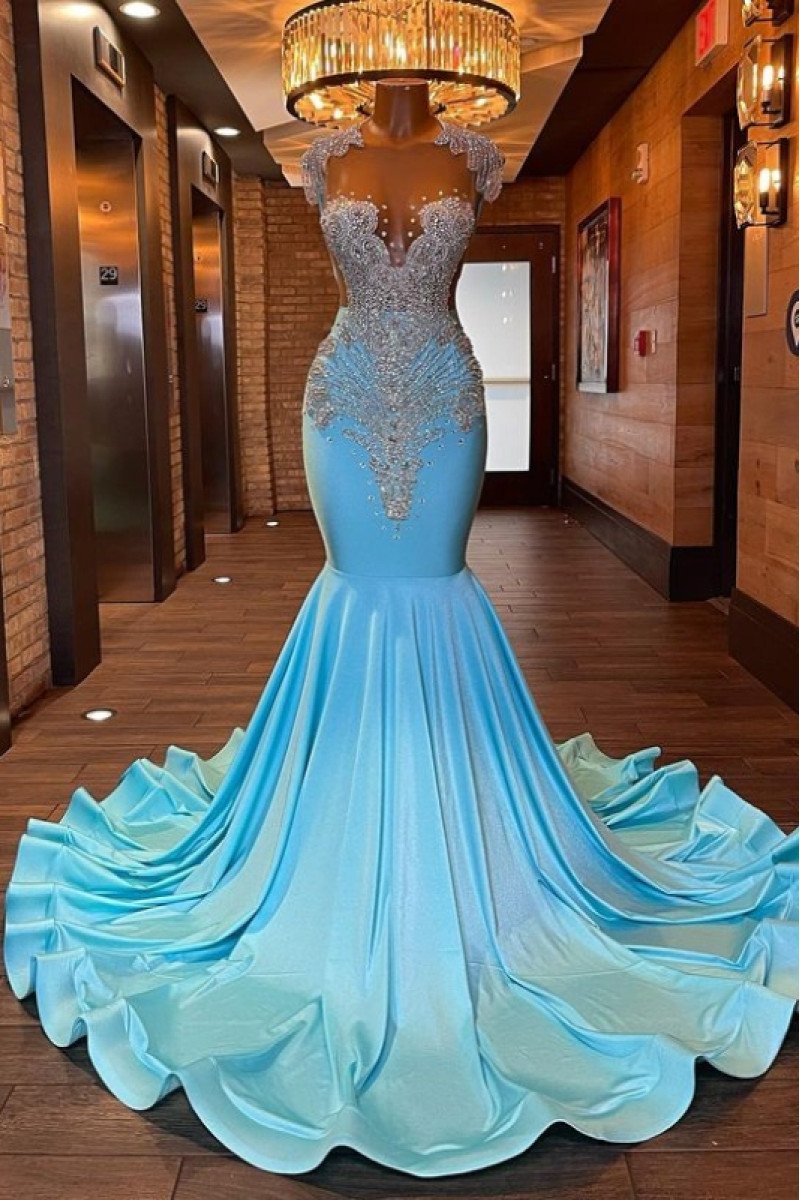 Ella Gorgeous Blue Jewel Backless Keyhole Mermaid Prom Dresses With Crystal