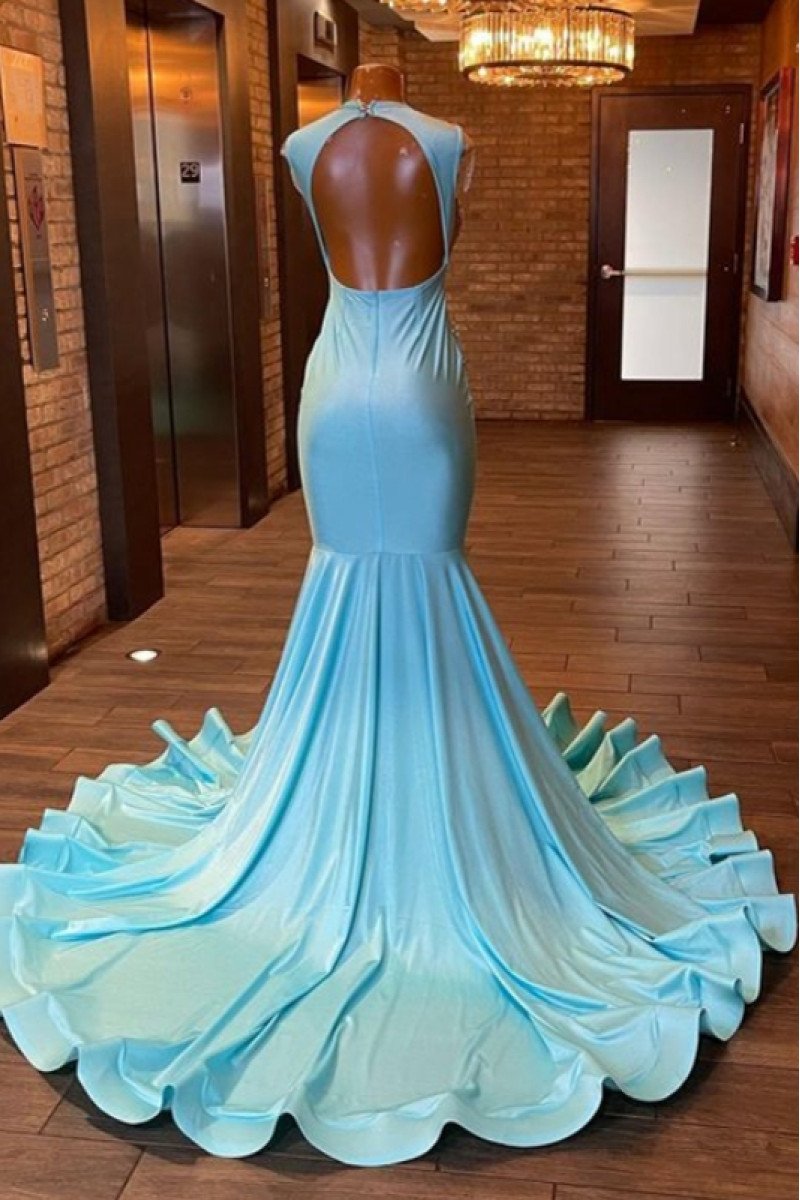 Ella Gorgeous Blue Jewel Backless Keyhole Mermaid Prom Dresses With Crystal