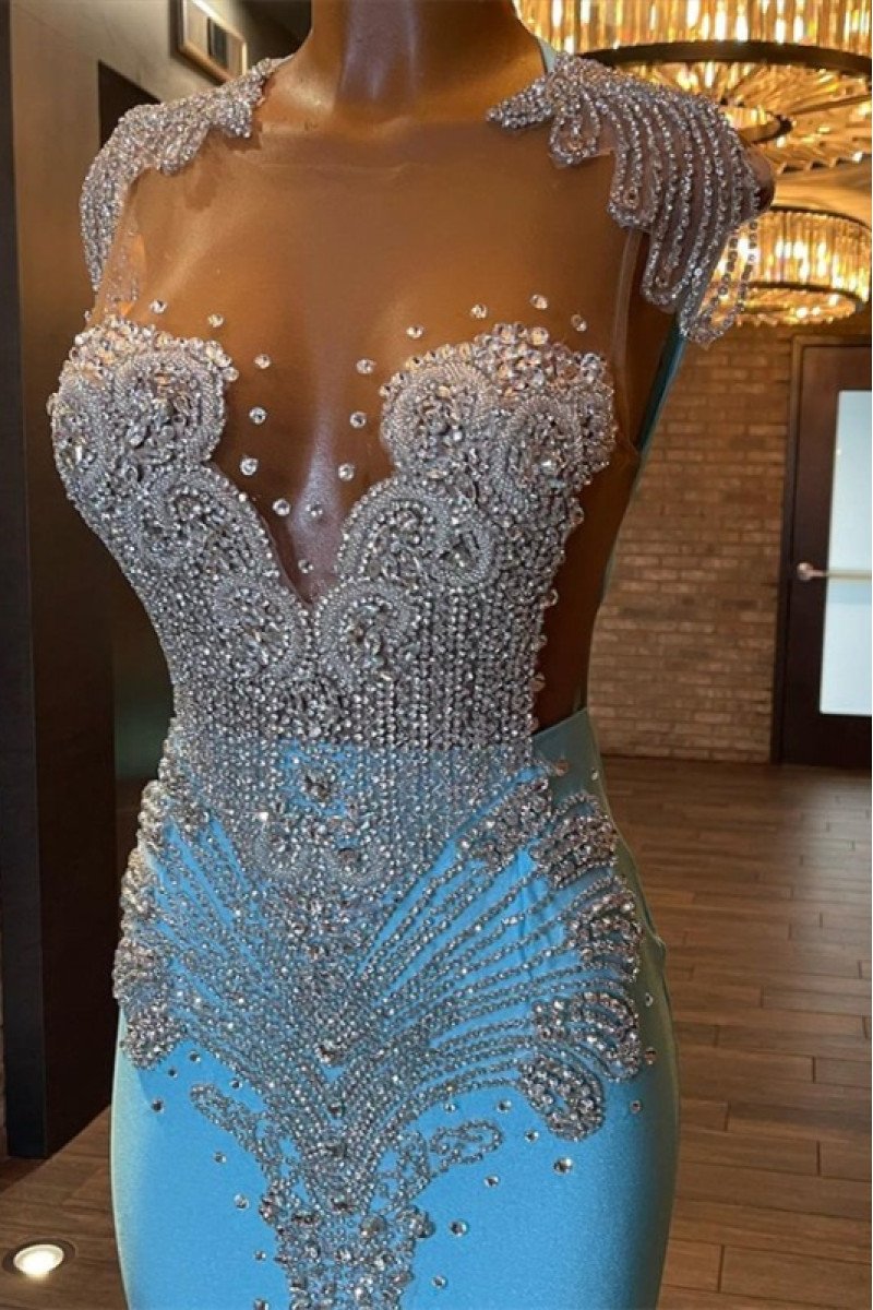 Ella Gorgeous Blue Jewel Backless Keyhole Mermaid Prom Dresses With Crystal