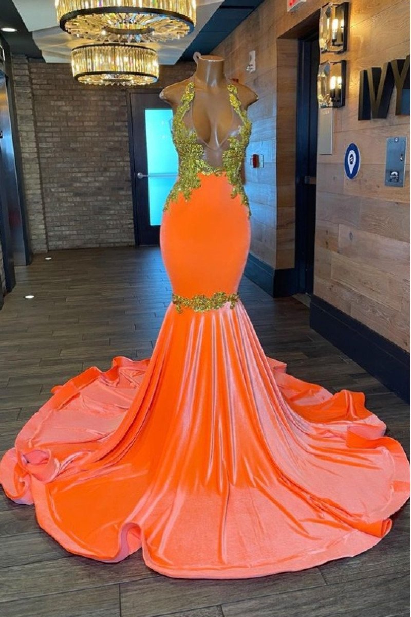 Elma Sexy Orange Halter Backless Appliques Mermaid Prom Dresses