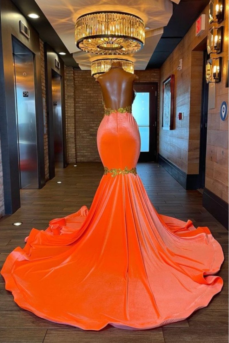 Elma Sexy Orange Halter Backless Appliques Mermaid Prom Dresses