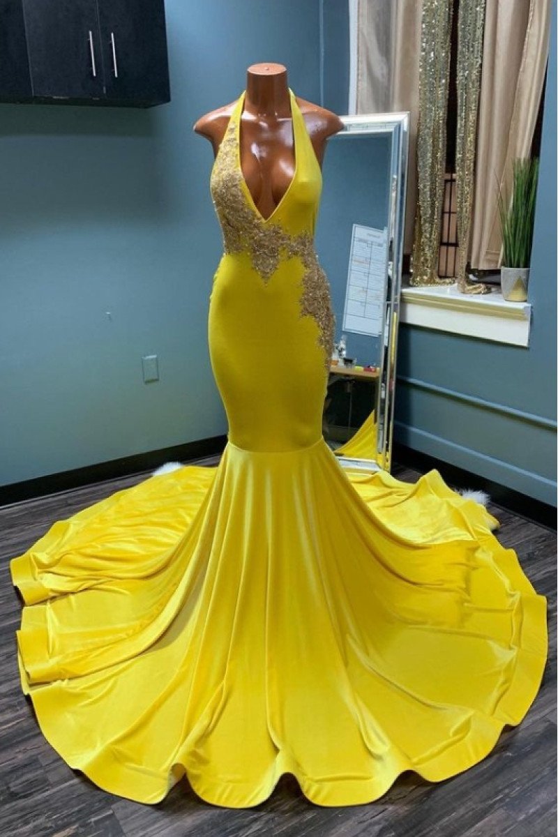 Elsie Fashion Yellow Halter Backless Appliques Mermaid Prom Dresses