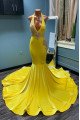 Elsie Fashion Yellow Halter Backless Appliques Mermaid Prom Dresses