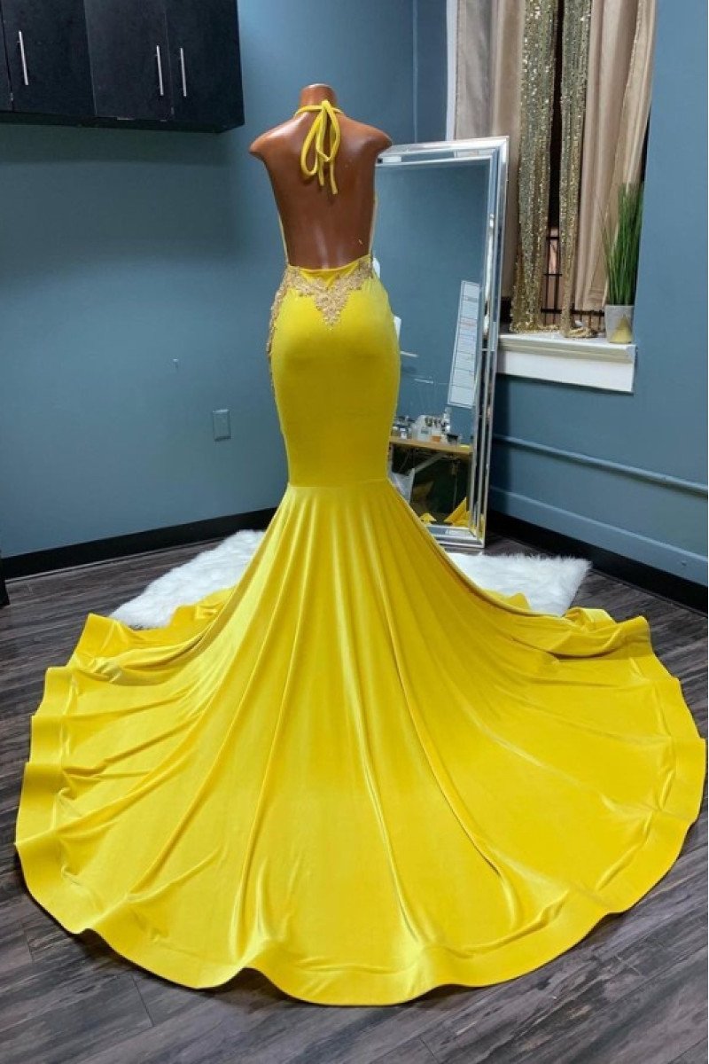 Elsie Fashion Yellow Halter Backless Appliques Mermaid Prom Dresses