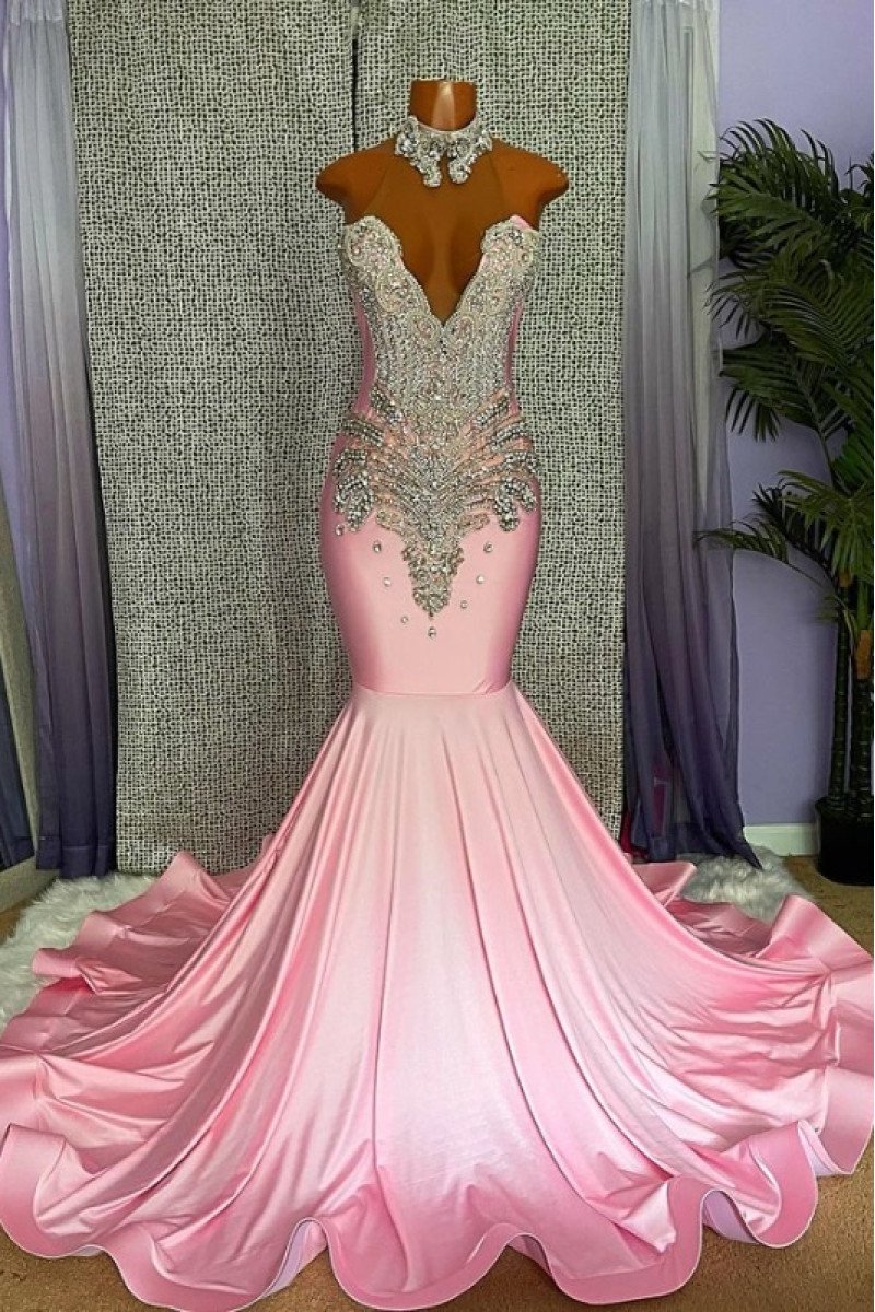 Elva Lovely Candy Pink High Neck Mermaid Prom Dresses With Crystal