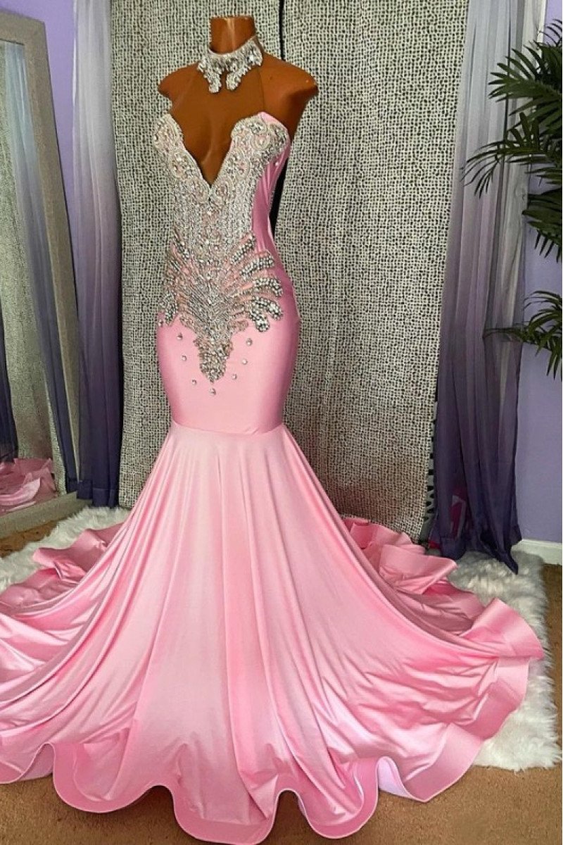 Elva Lovely Candy Pink High Neck Mermaid Prom Dresses With Crystal