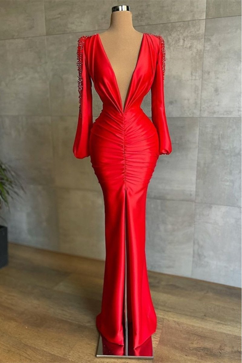 Emily Modern Red V-Neck Long Sleeves Beading Sheath Prom Dresses