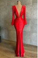 Emily Modern Red V-Neck Long Sleeves Beading Sheath Prom Dresses