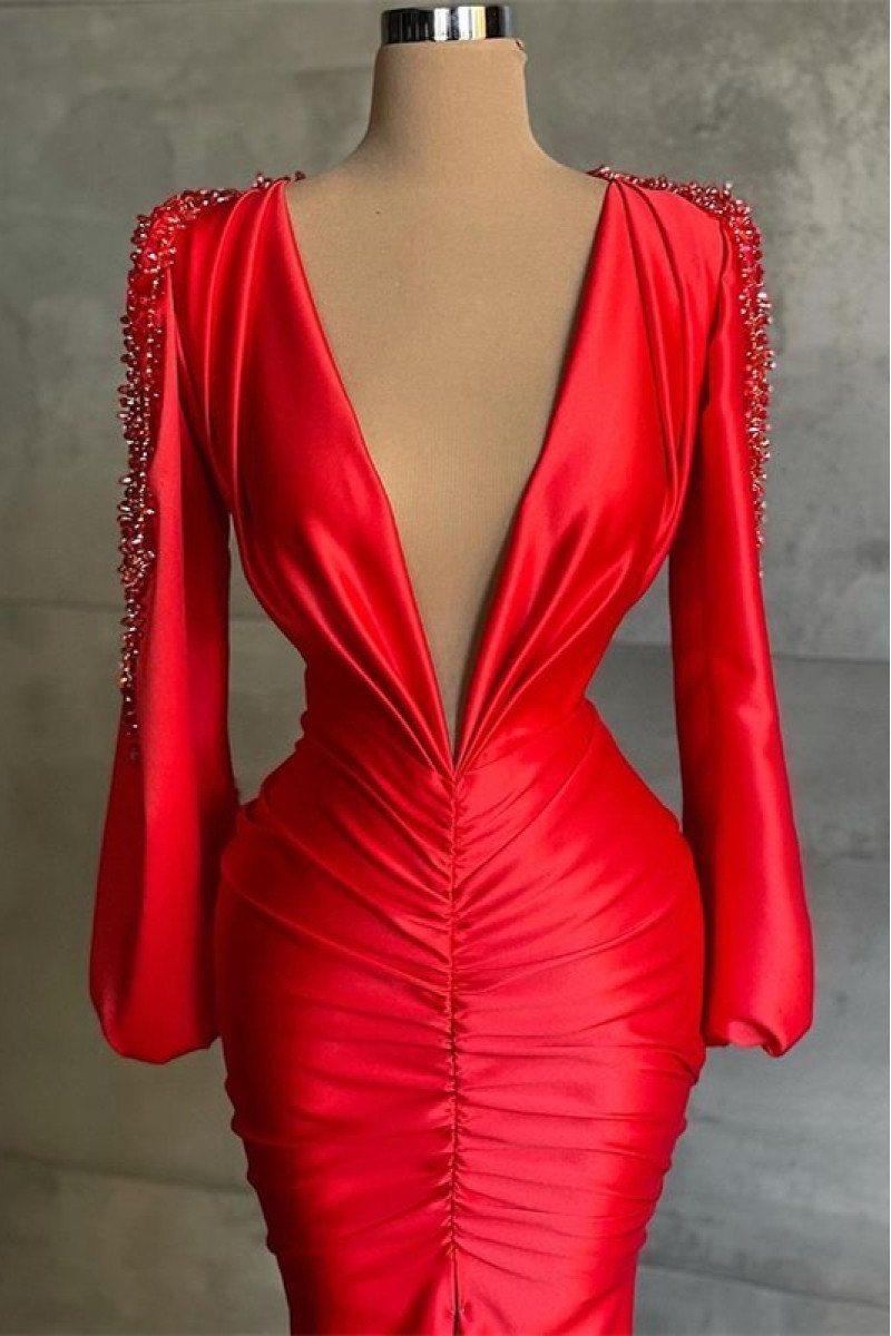 Emily Modern Red V-Neck Long Sleeves Beading Sheath Prom Dresses