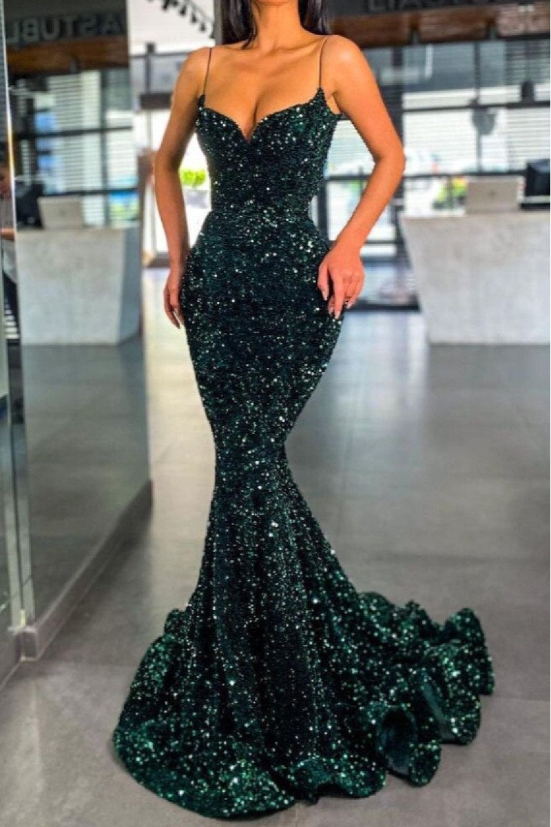 Emma Sparkle Dark Green Sequins Spaghetti Straps Mermaid Prom Dresses