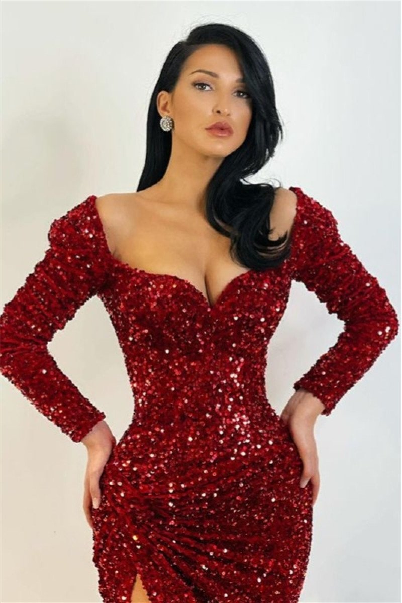 Esther Gorgeous Burgundy Off Shoulder Side Slit Long Sleeves Sequins Sheath Prom Dresses