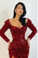 Esther Gorgeous Burgundy Off Shoulder Side Slit Long Sleeves Sequins Sheath Prom Dresses