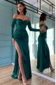 Ethel Mild Jade Off Shoulder Long Sleeves Side Slit Sheath Prom Dresses