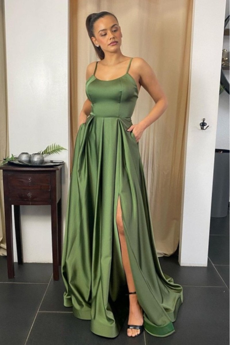 Eunice Fancy Olive Green Spaghetti Straps Side Slit Open Back A-line Prom Dresses