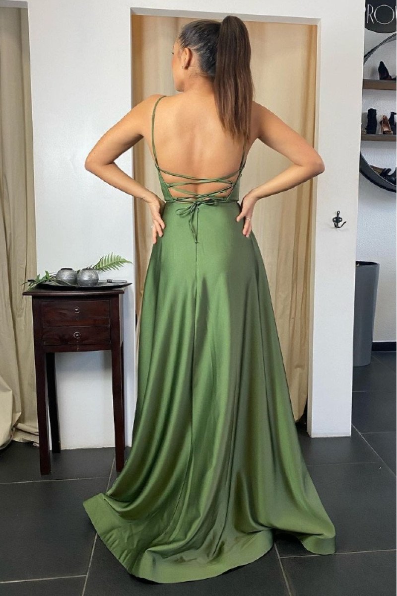 Eunice Fancy Olive Green Spaghetti Straps Side Slit Open Back A-line Prom Dresses